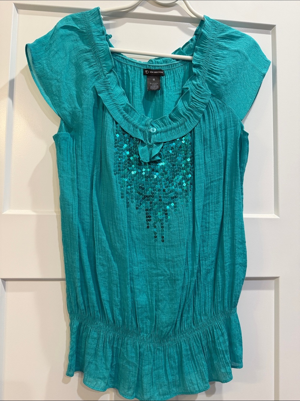 Teal Turquoise Sequin Ruffled Neck Summer Blouse Size Medium - Picture 1 of 3